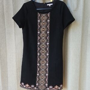 Skies Are Blue Black Dress with Colorful Embroidery